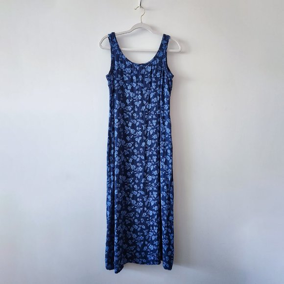Vintage 90s Faded Glory Blue Floral Rayon Midi Tank Dress Size L - Picture 6 of 16